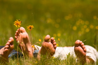 Müde Wanderer entspannen sich mit bloßen Füßen in einer Blumenwiese