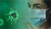 Symbolbild für das Coronavirus - Viren und Frau mit Mundschutz